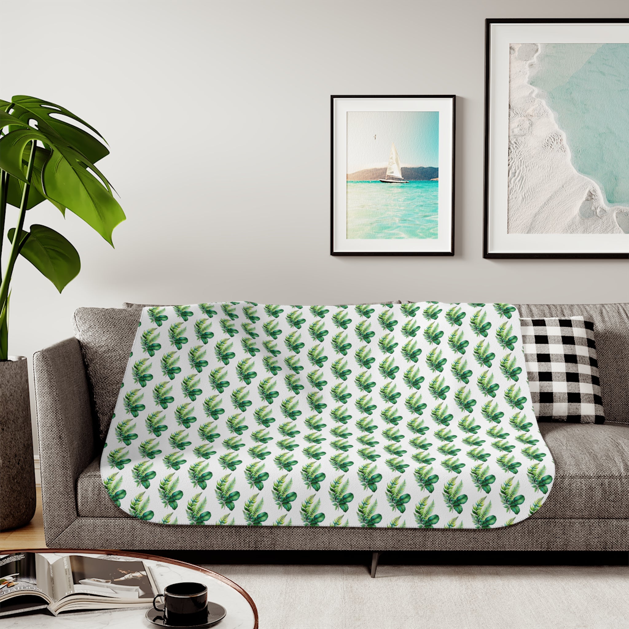 Tropical Palm Sherpa Blanket – Reversible Cozy Throw with Green Leaf Pattern