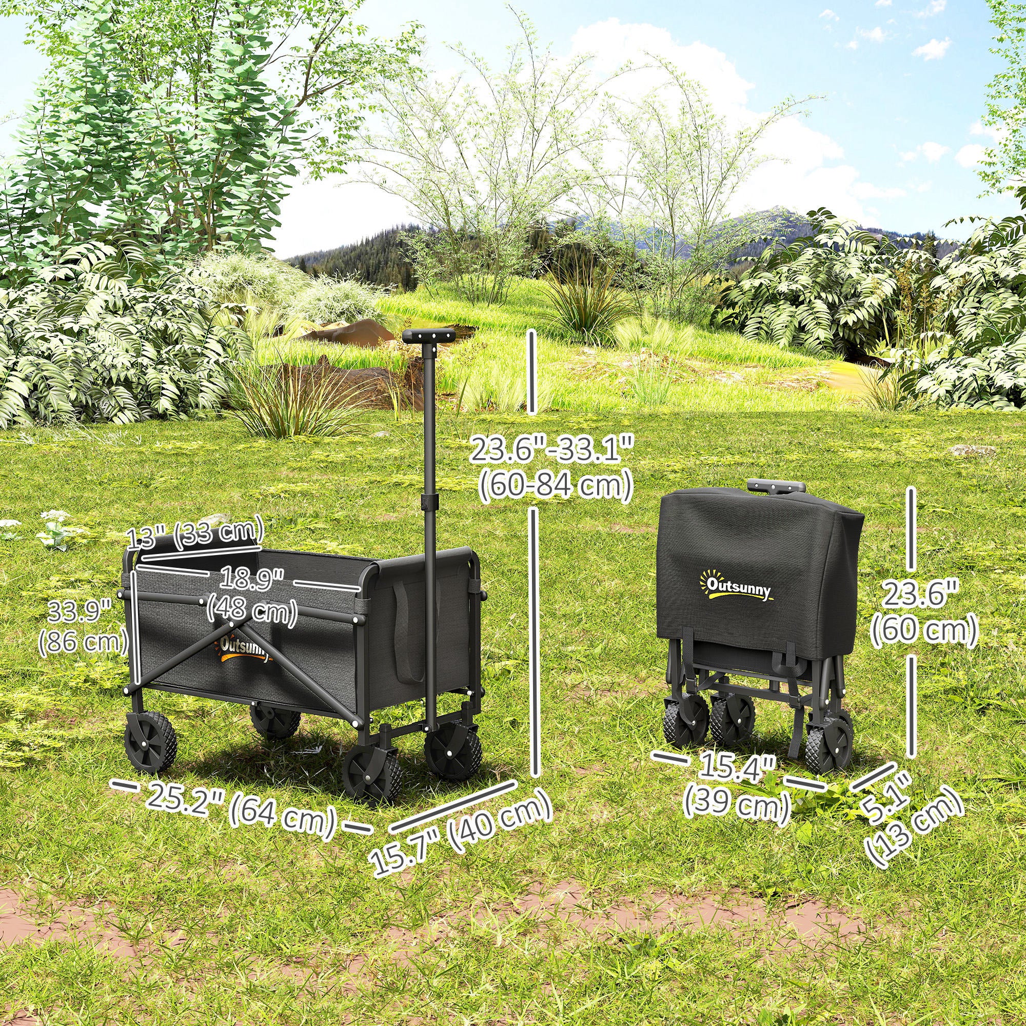Collapsible Folding Garden Cart, Heavy Duty Lawn Wagon with Universal Wheels and Adjustable Handle, Black