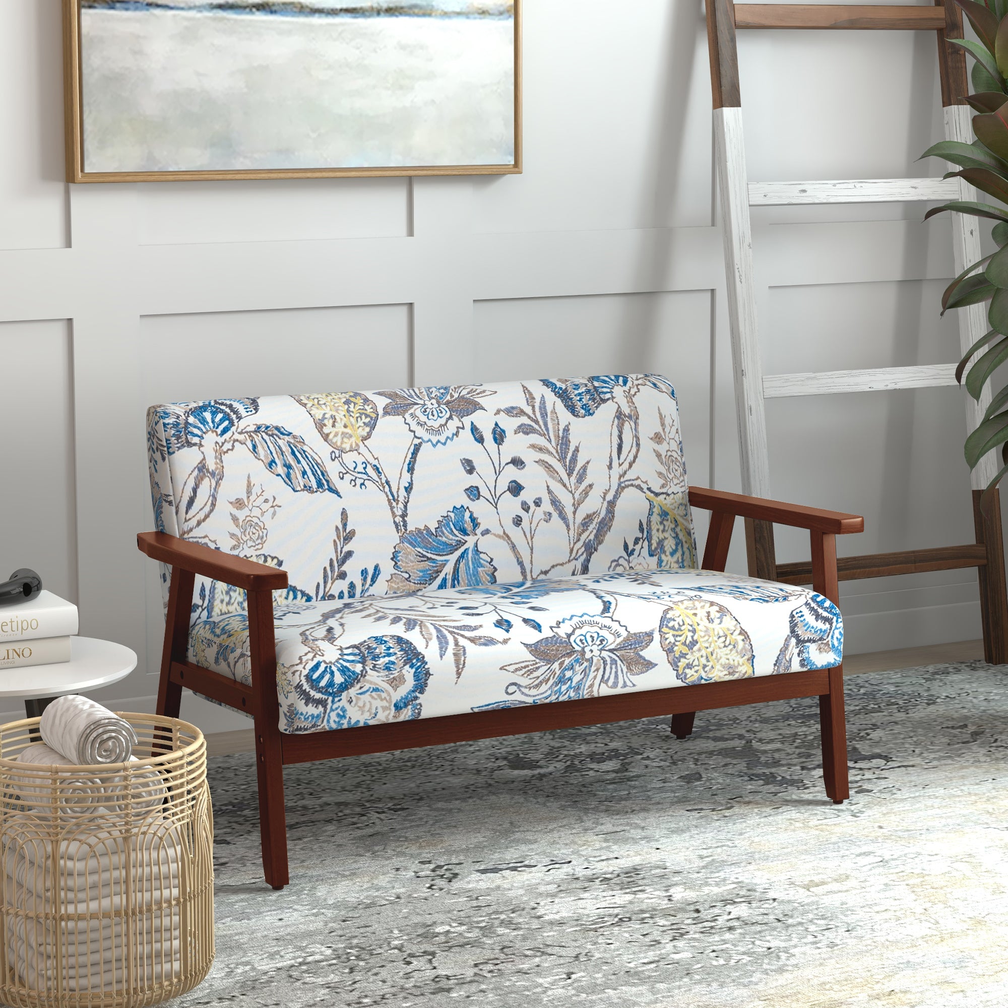 Compact Loveseat Sofa Couch Linen Fabric Double Seat Sofa with Rubber Wood Legs Multicolour