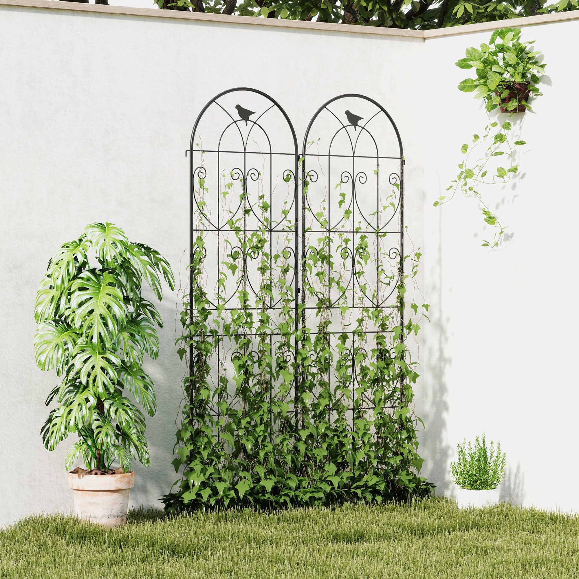 Set of 2 Metal Garden Trellis, Decorative Trellis Panels, Bird Design, 150 x 50 cm, Black