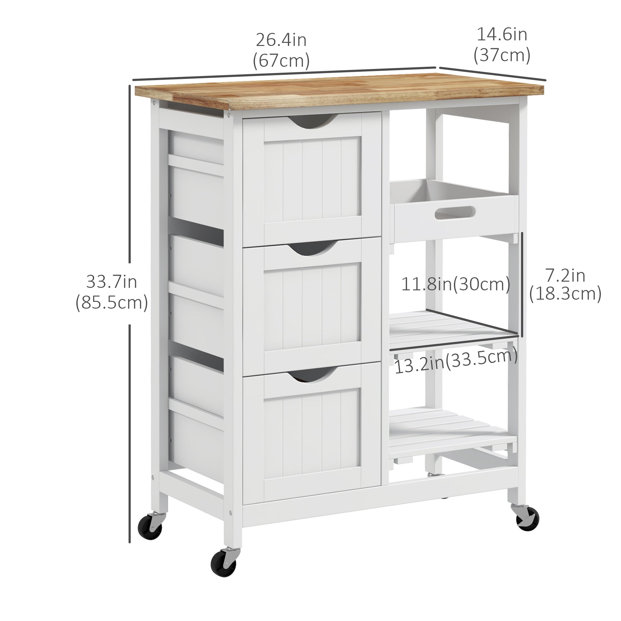 Kitchen Cart on Wheels, Rolling Kitchen Island Cart with Wood Top, 3 Drawers and Shelves for Home Dining Area