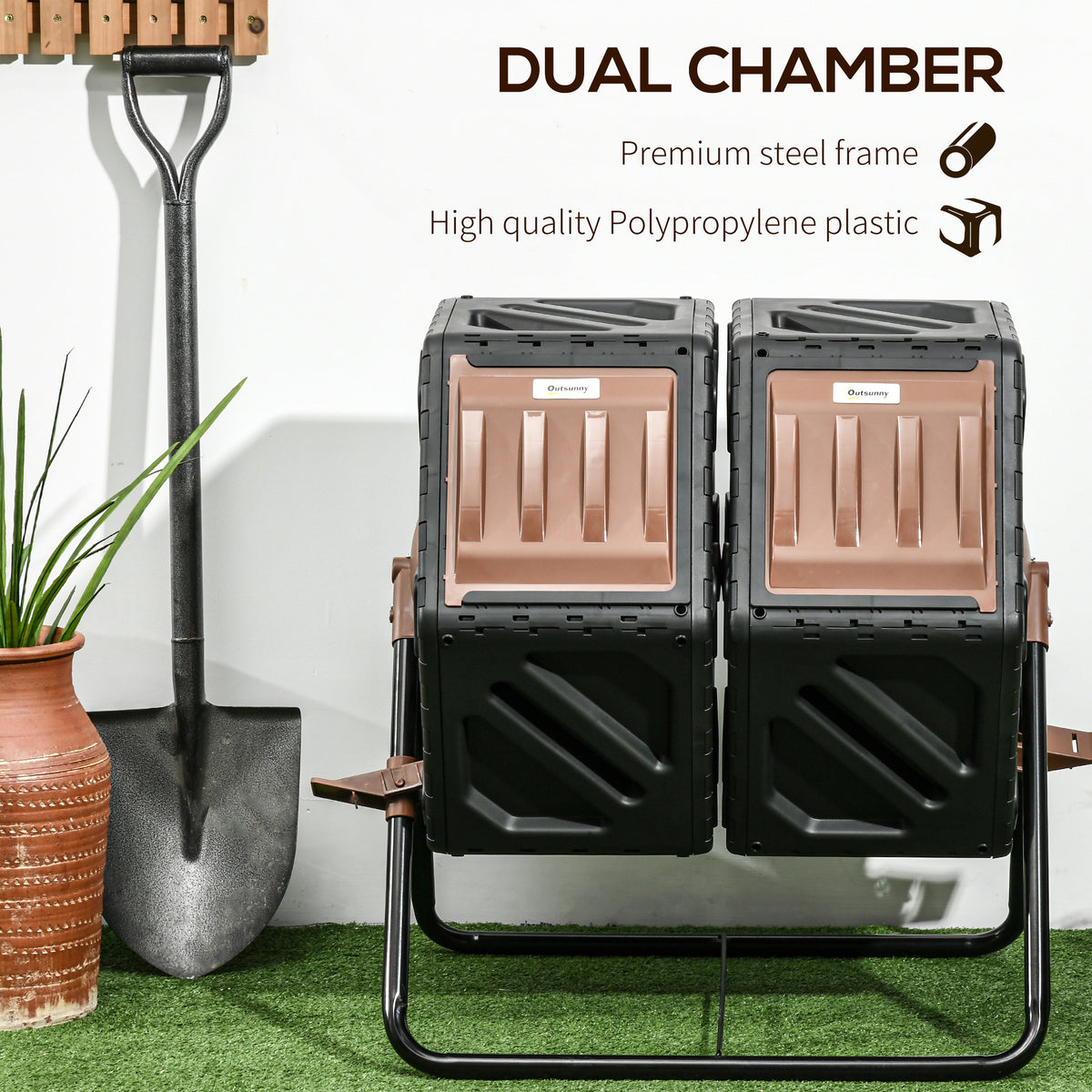 Rotating Composter, Dual Chamber Compost Bin with 24 Vents and Steel Legs, 34.5 Gallon, Brown