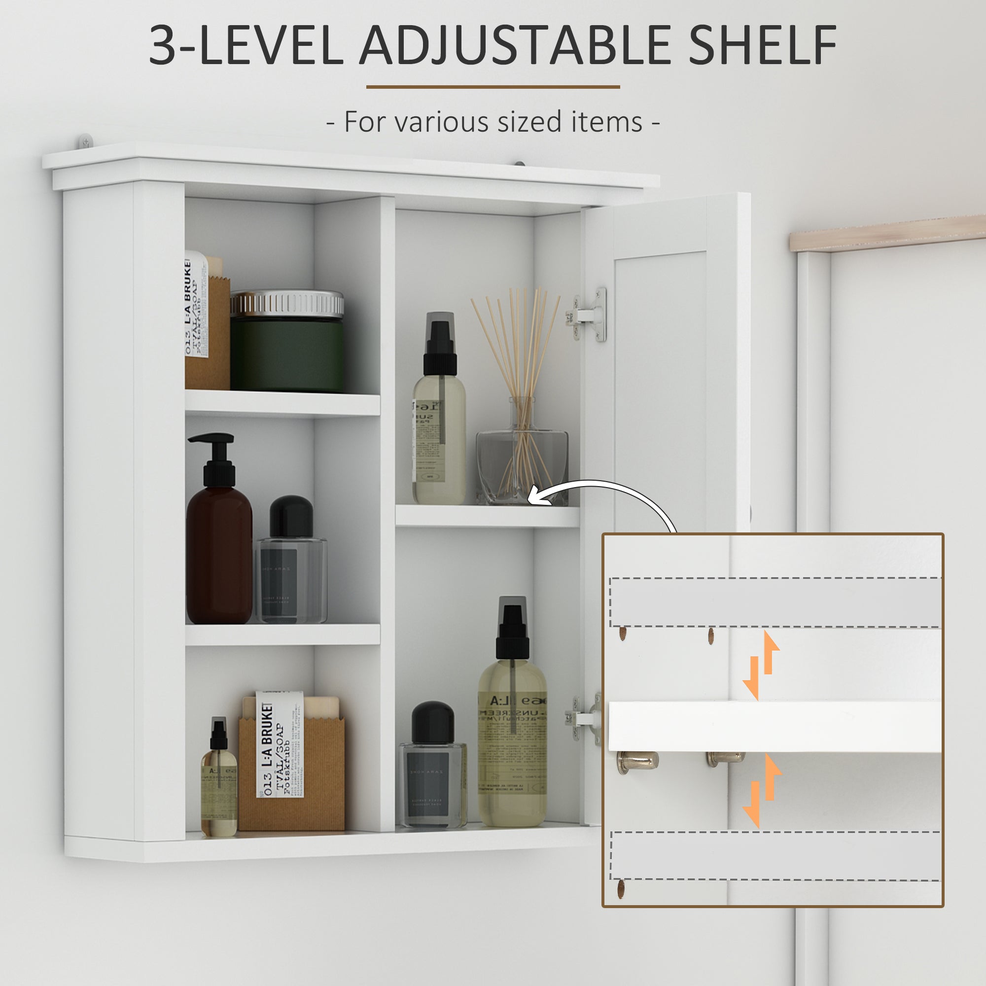 Bathroom Wall Cabinet, Wall Mounted Medicine Cabinet with 3 Open Shelves and Storage Cupboard for Laundry Room, White