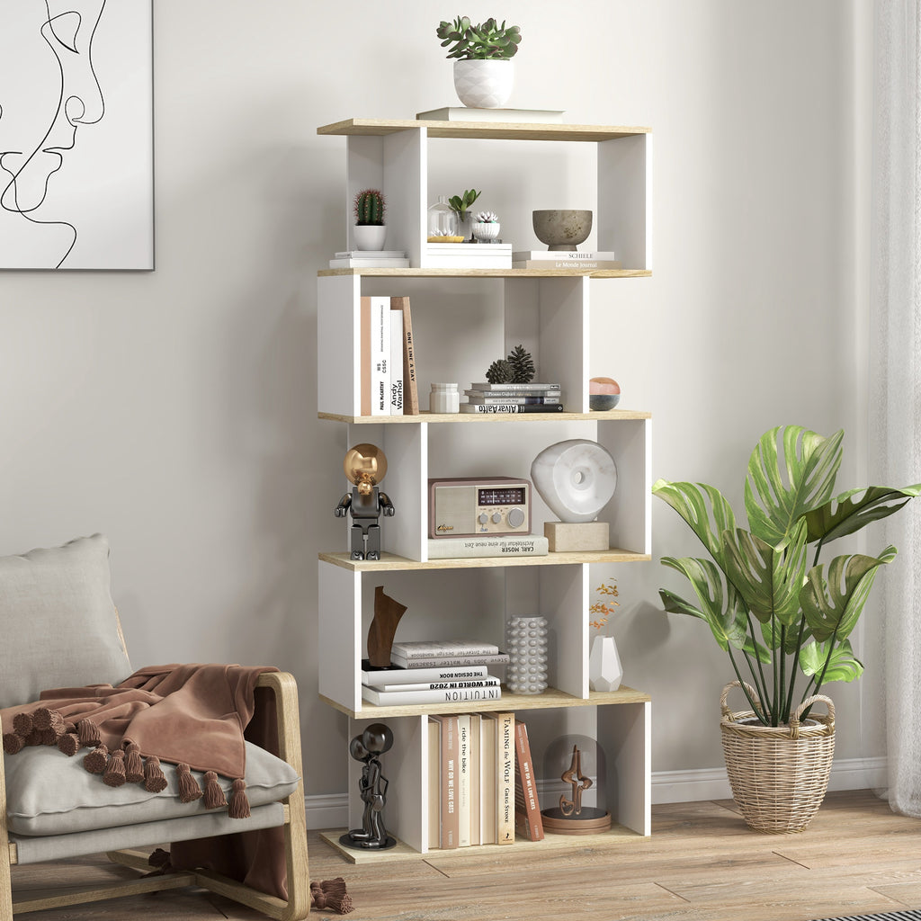 5-Tier Bookshelf, Geometric S Shaped Bookcase, Tall Narrow Display Shelf for for Living Room, Study Room, White