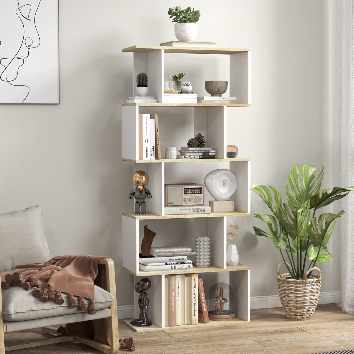 5-Tier Bookshelf, Geometric S Shaped Bookcase, Tall Narrow Display Shelf for for Living Room, Study Room, White