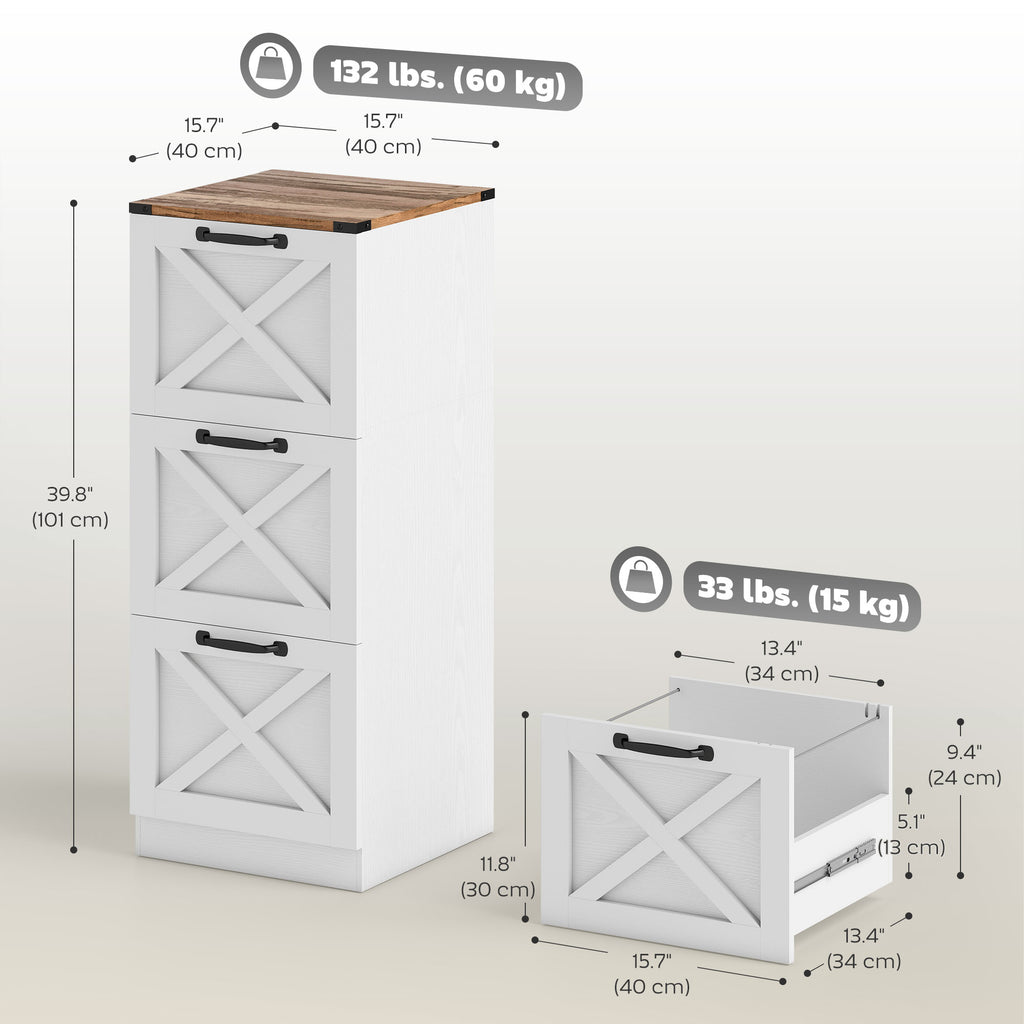 3 Drawer File Cabinet with Silent Slides, Vertical Farmhouse Filing Cabinet Fits Letter/A4 Size Home Office, White