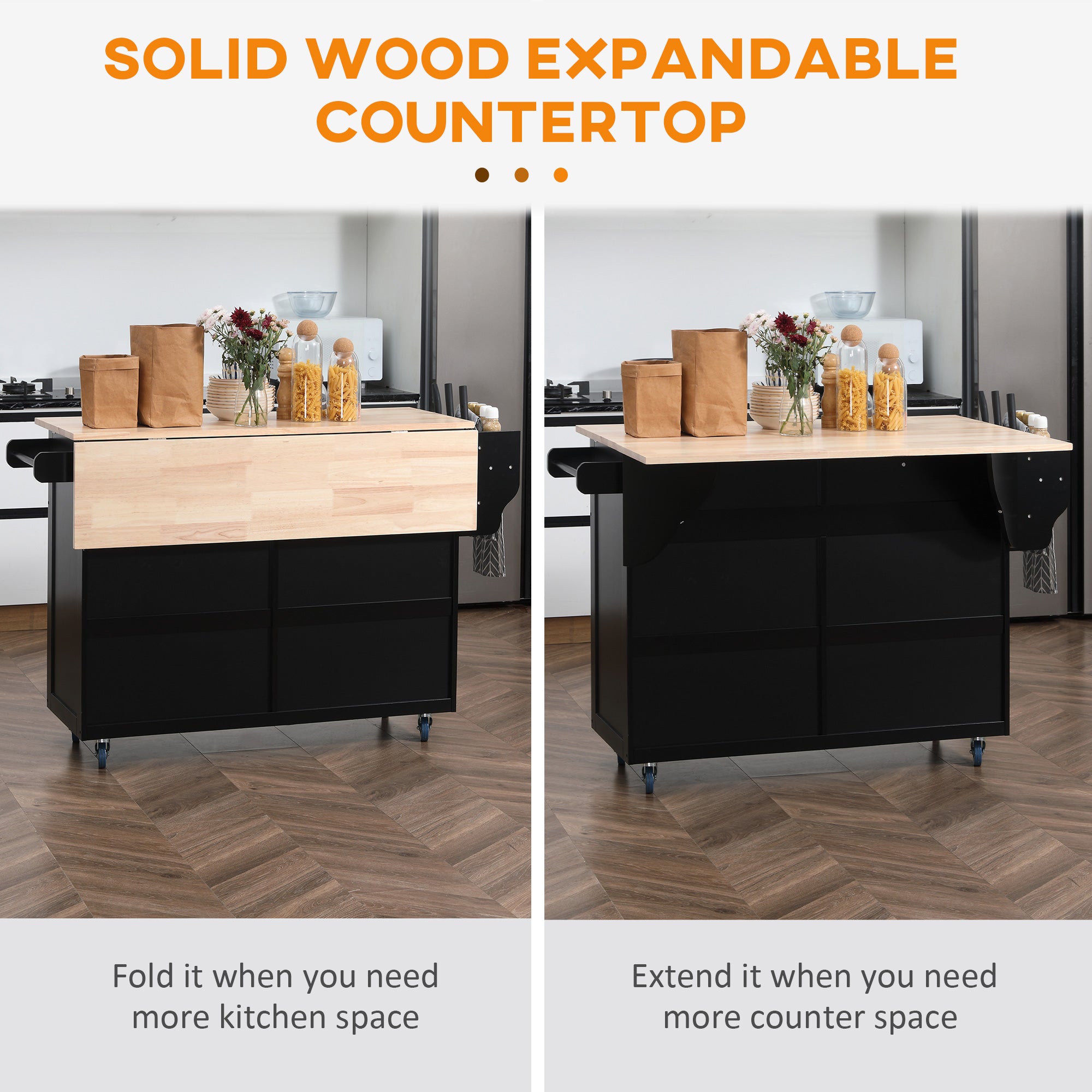 Kitchen Island with Storage, Rolling Kitchen Island with Drop Leaf, Rubber Wood Top and Adjustable Shelves, White