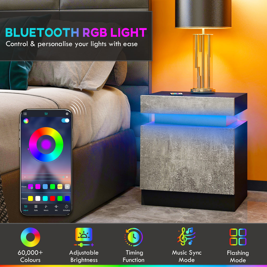 Nightstand, Bedside Table with LED Lights and 2 Drawers for Bedroom, Living Room, Cement Grey