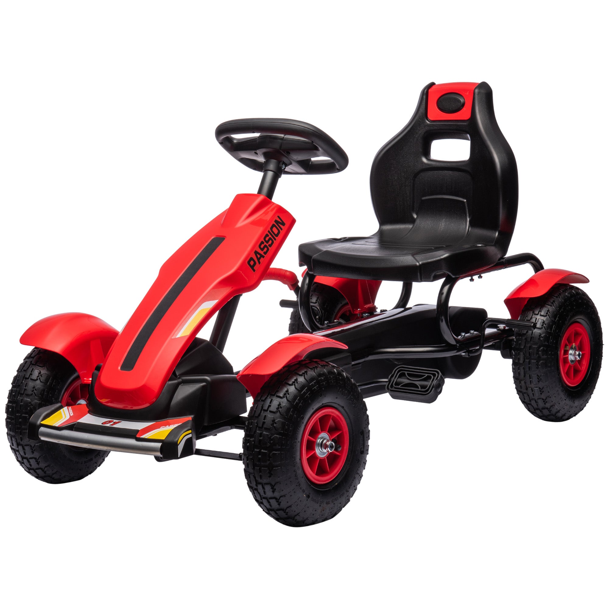 Aosom Pedal Go Kart ንህጻናት፣ ብፔዳል ዝኸይድ ማኪና ምስ ዝስተካከል ባኬት፣ ሃንድብሬክ፣ 4 ጎማታት ርበር፣ ቀይሕ
