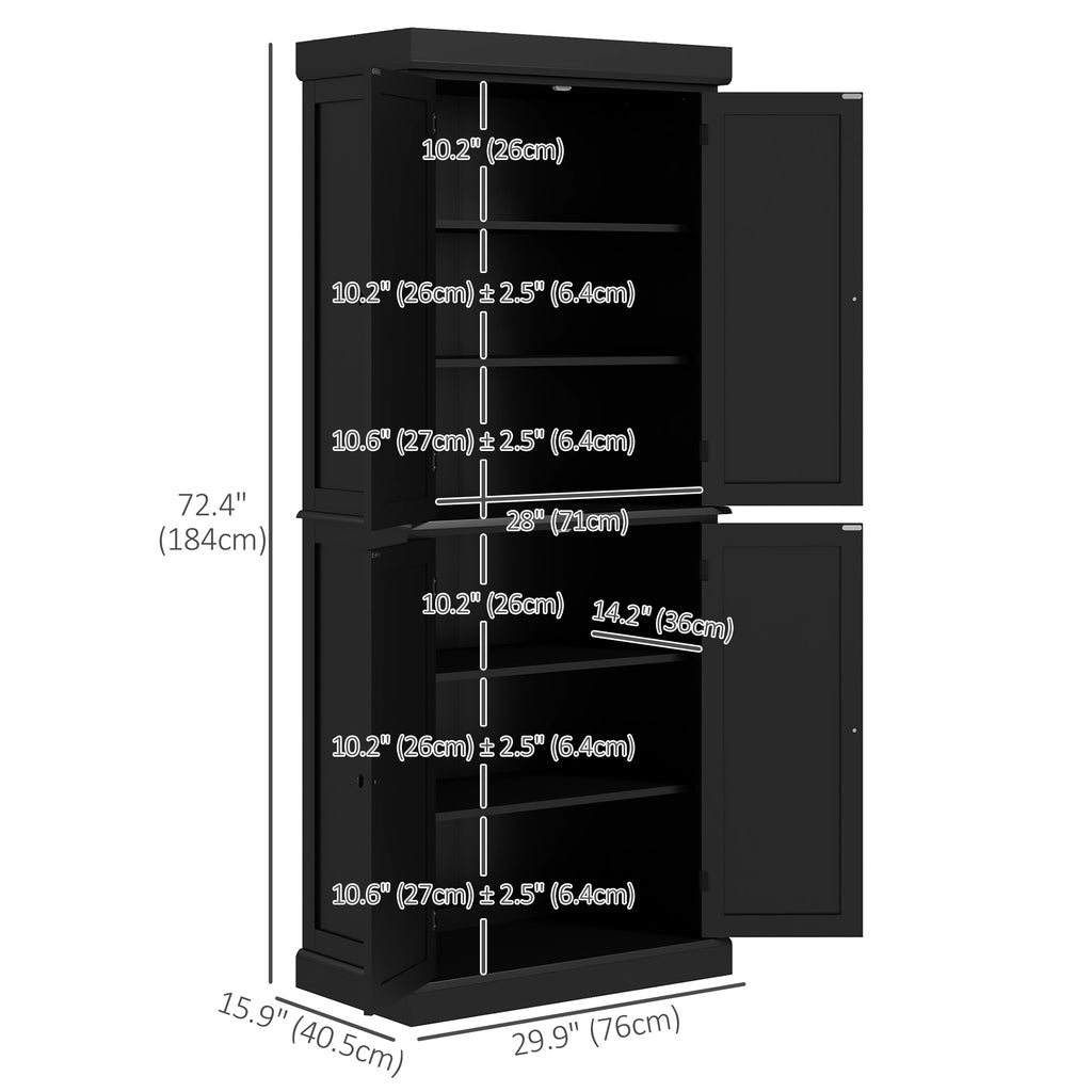 72.5" Freestanding Kitchen Pantry Cabinet with 4 Doors, Black