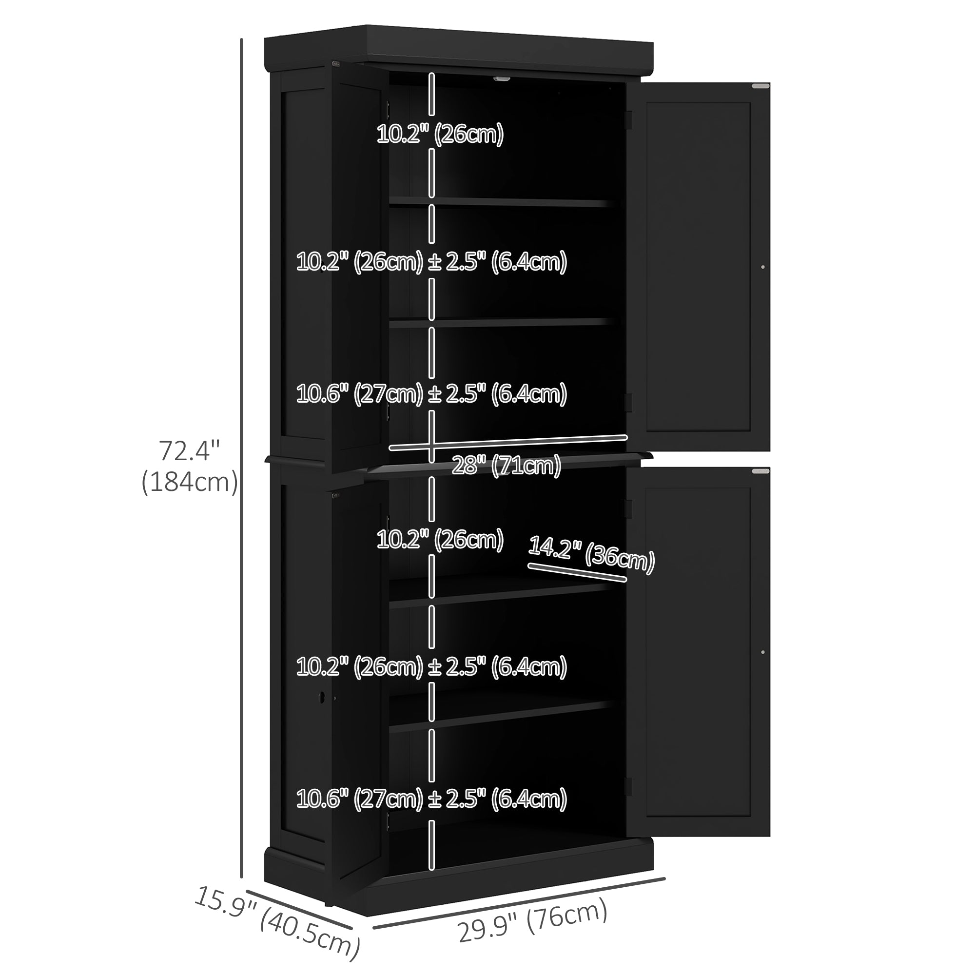 72.5" Freestanding Kitchen Pantry Cabinet with 4 Doors, Black