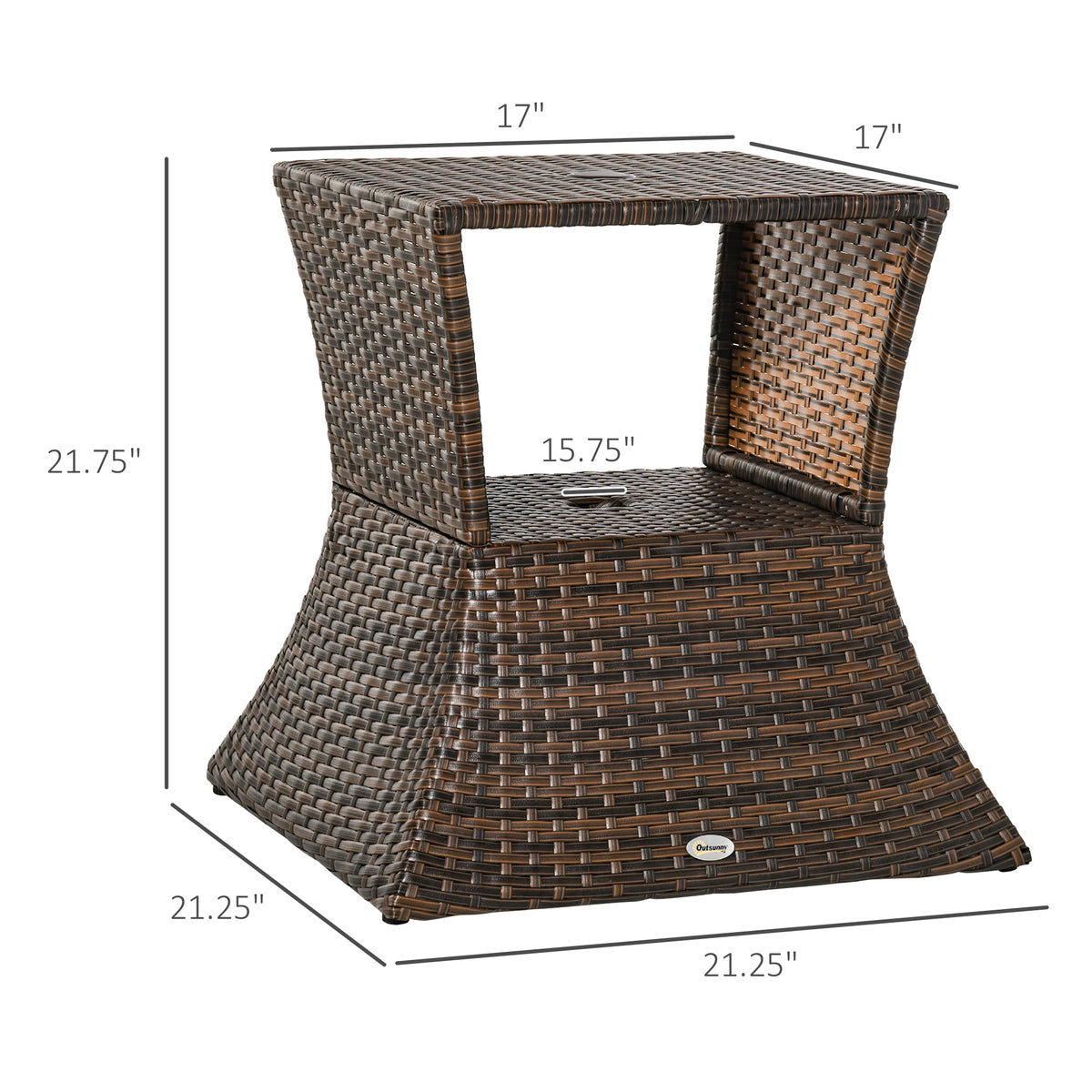 Rattan Wicker Side Table, 21.3" Square Outdoor End Table with Umbrella Hole 2-Tier Storage for Patio Garden Mixed Brown
