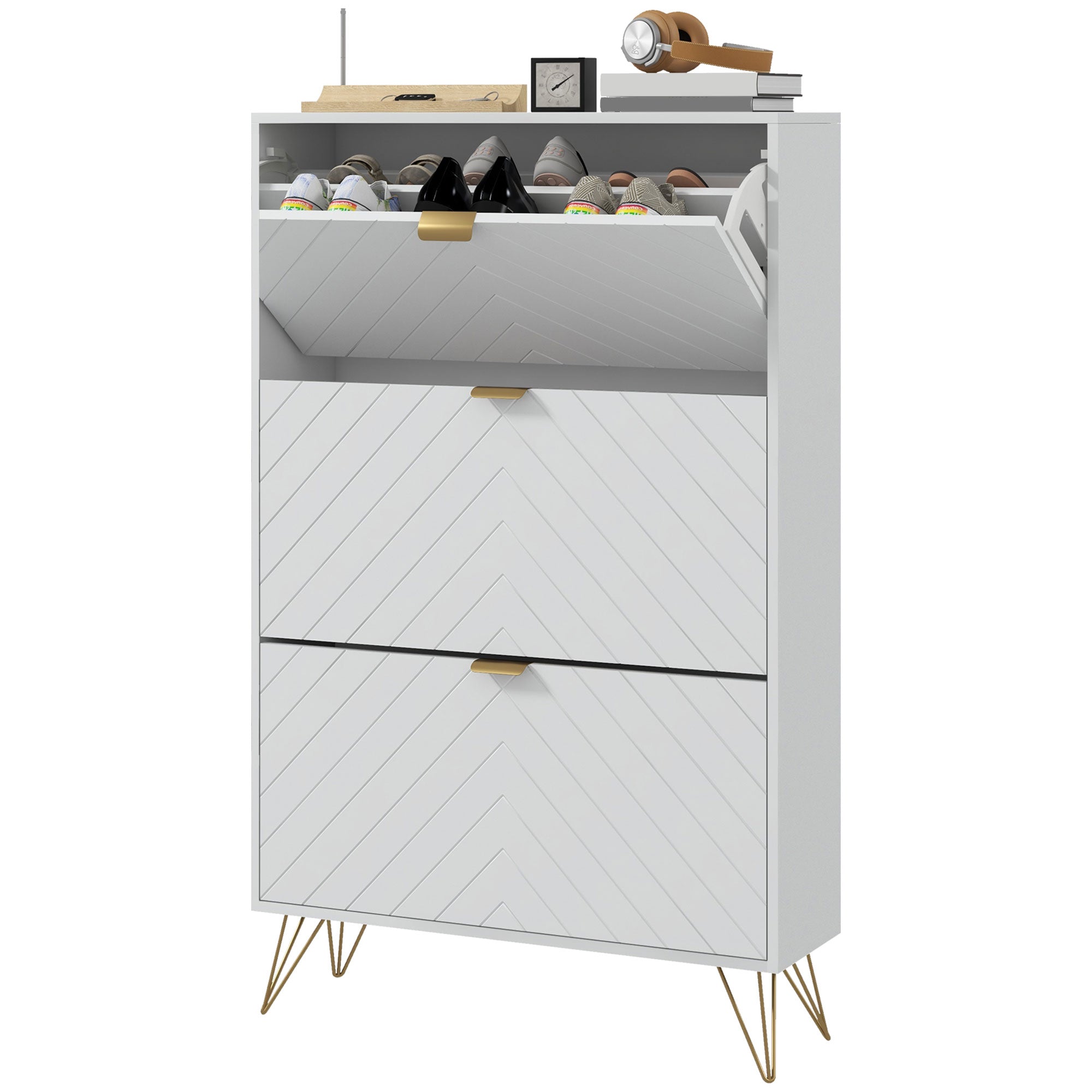 Modern Shoe Storage Cabinet with 3 Flip Drawers for 18 Pairs, Narrow Shoe Organizer for Entryway, Hallway, White