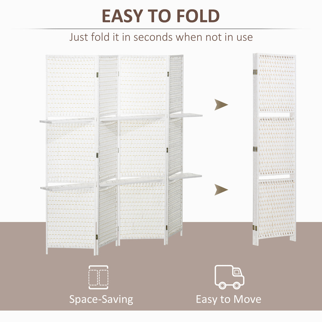 4 Panel Room Divider with Shelves, 6 FT Freestanding Folding Privacy Screen, Partition Wall Divider for Bedroom, White