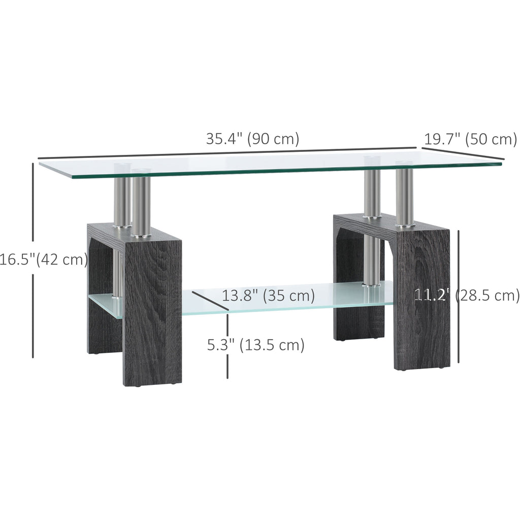 Rectangle Glass Coffee Table, 2-Tier Center Table with Tempered Glass Top and Storage Shelf for Living Room, Grey