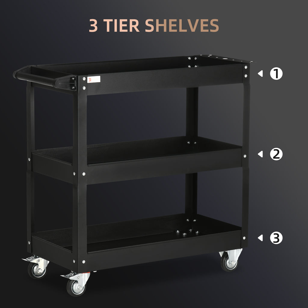 3 Tier Rolling Tool Cart with Wheels, 330 LBS Capacity Heavy Duty Utility Cart, Mobile Service Cart for Garage, Black
