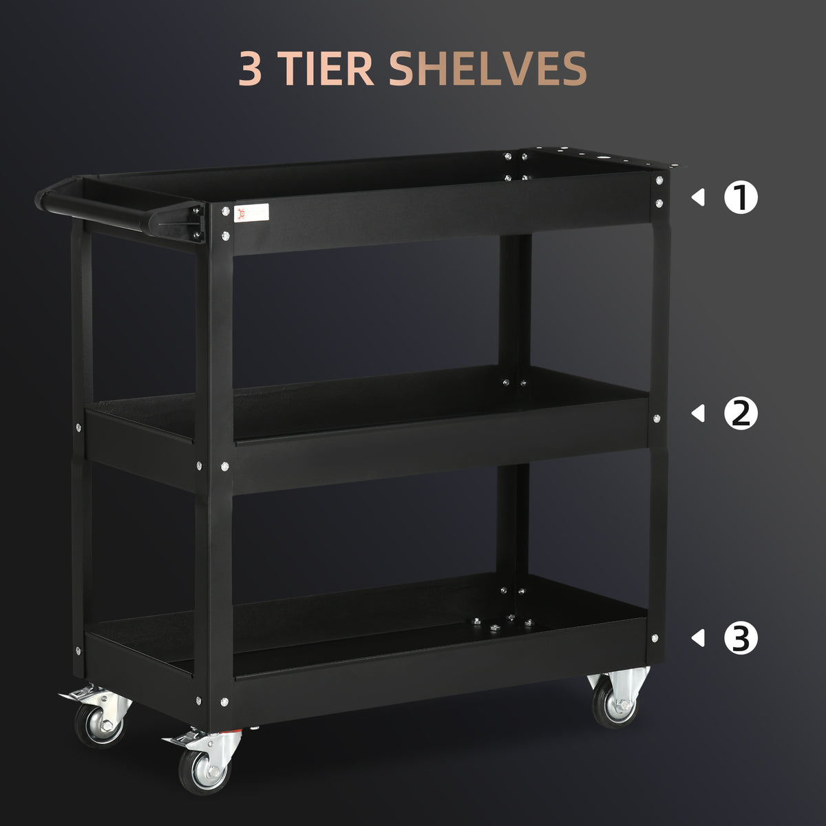 3 Tier Rolling Tool Cart with Wheels, 330 LBS Capacity Heavy Duty Utility Cart, Mobile Service Cart for Garage, Black