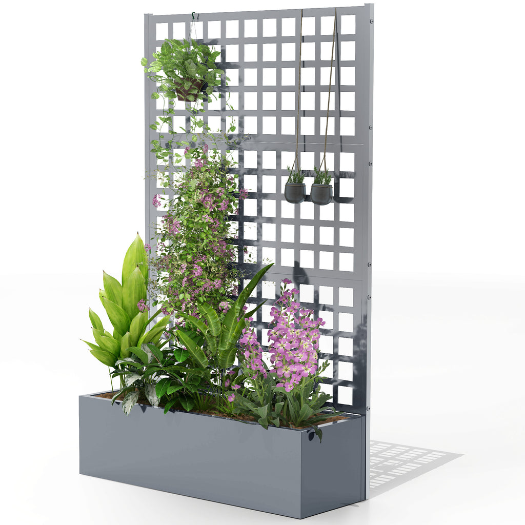 Galvanized Raised Garden Bed Planter Box with Trellis for Climbing Plant Vegetable Vine, 43"x16"x70", Grey Wood Effect