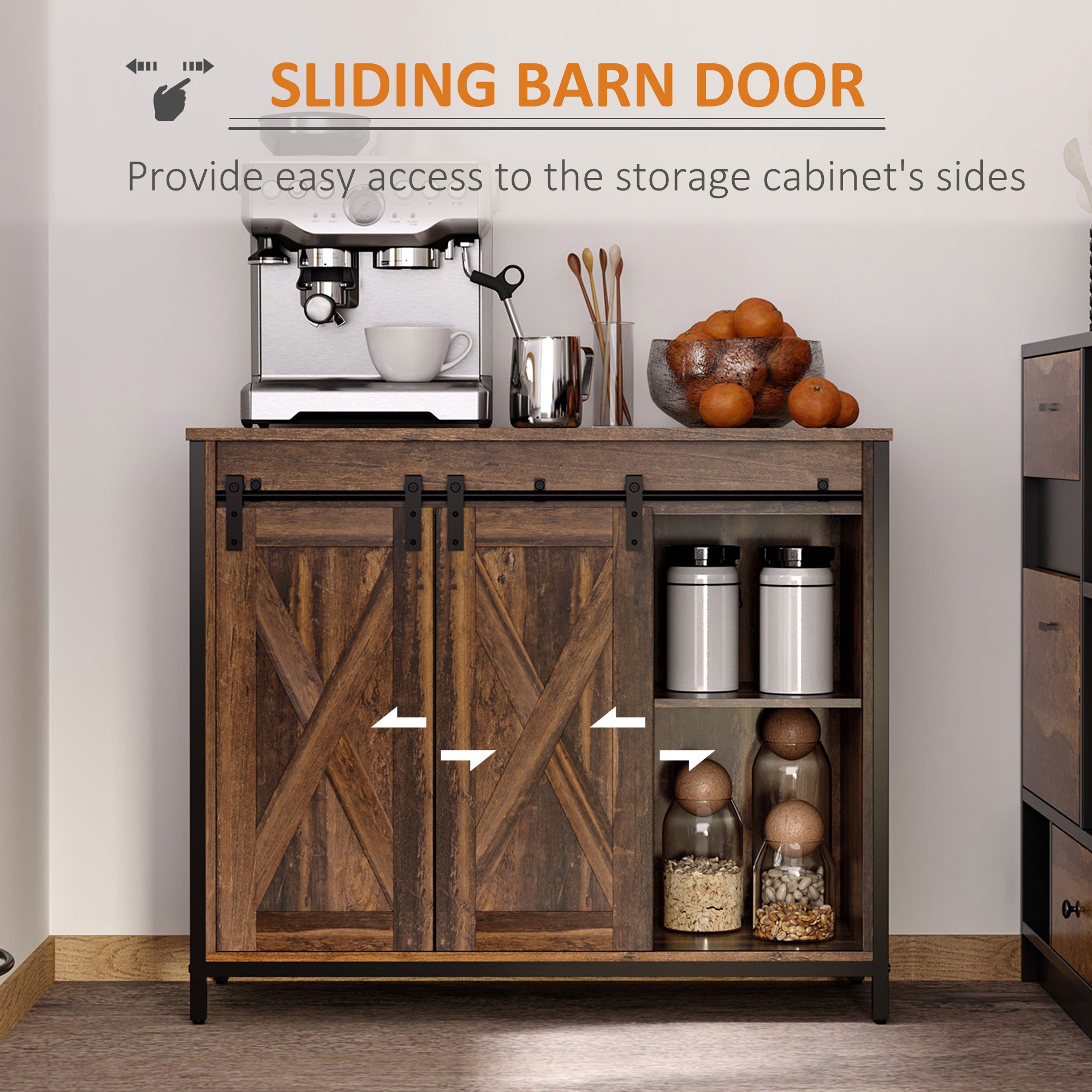 Industrial Sideboard, Buffet Cabinet with Sliding Barn Doors, Storage Cabinets and Adjustable Shelves for Living Room, Kitchen, Home Bar, Rustic Brown