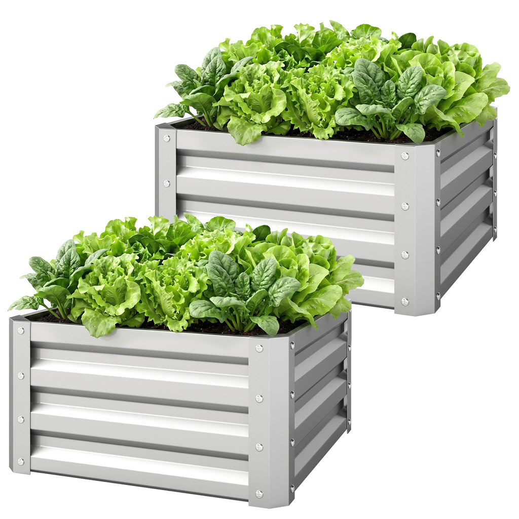2Pcs 2' x 2' x 1' Galvanized Raised Garden Bed Kit, Square Outdoor Metal Planter Box with Open Bottom for Vegetables, Flowers, Herbs, Silver
