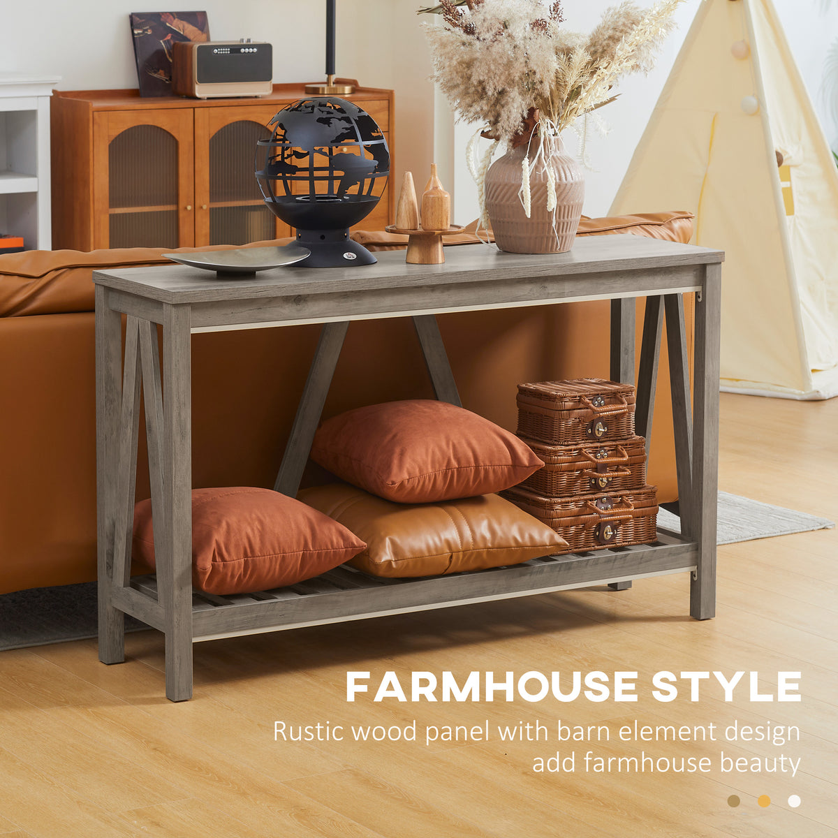 Farmhouse Entryway Table, Rustic Console Table with Storage Shelf for Living Room and Hallway, Distressed Grey