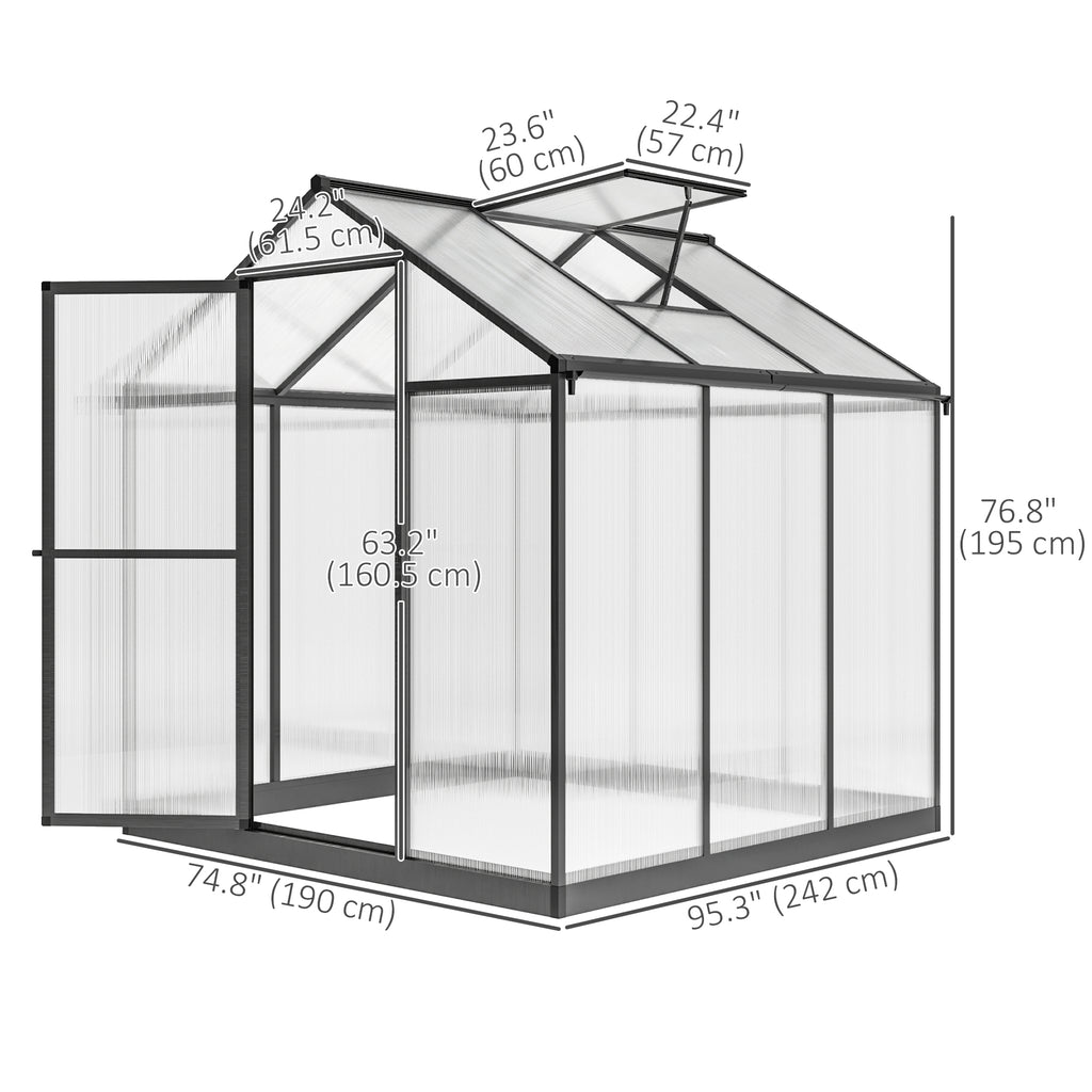 دفيئة بوليكربونات 6' × 8' × 6.4'، طقم دفيئة ألومنيوم للمشي في الحديقة، لزراعة النباتات مع مزاريب للمطر وفتحة سقف، رمادي فحمي