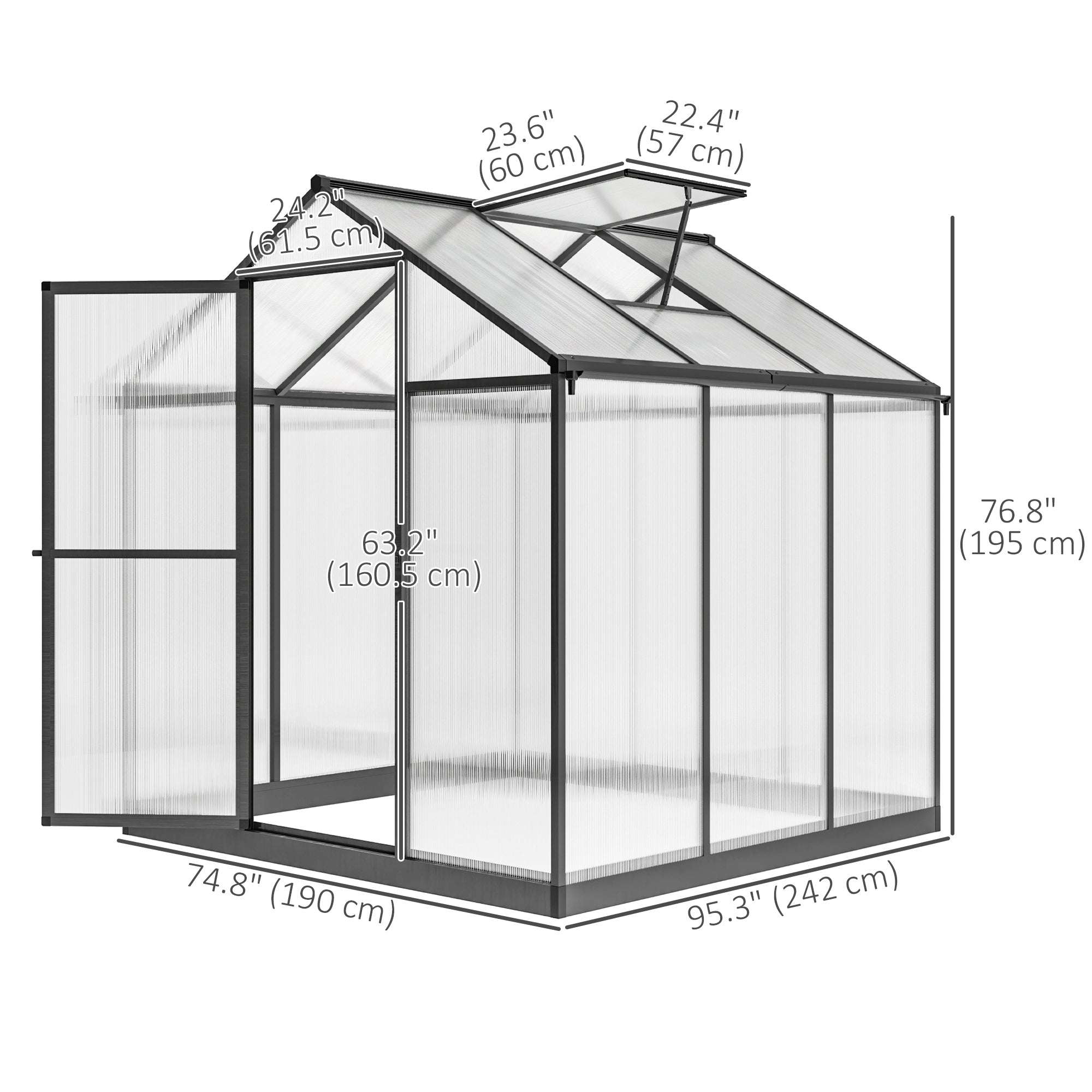 دفيئة بوليكربونات 6' × 8' × 6.4'، طقم دفيئة ألومنيوم للمشي في الحديقة، لزراعة النباتات مع مزاريب للمطر وفتحة سقف، رمادي فحمي
