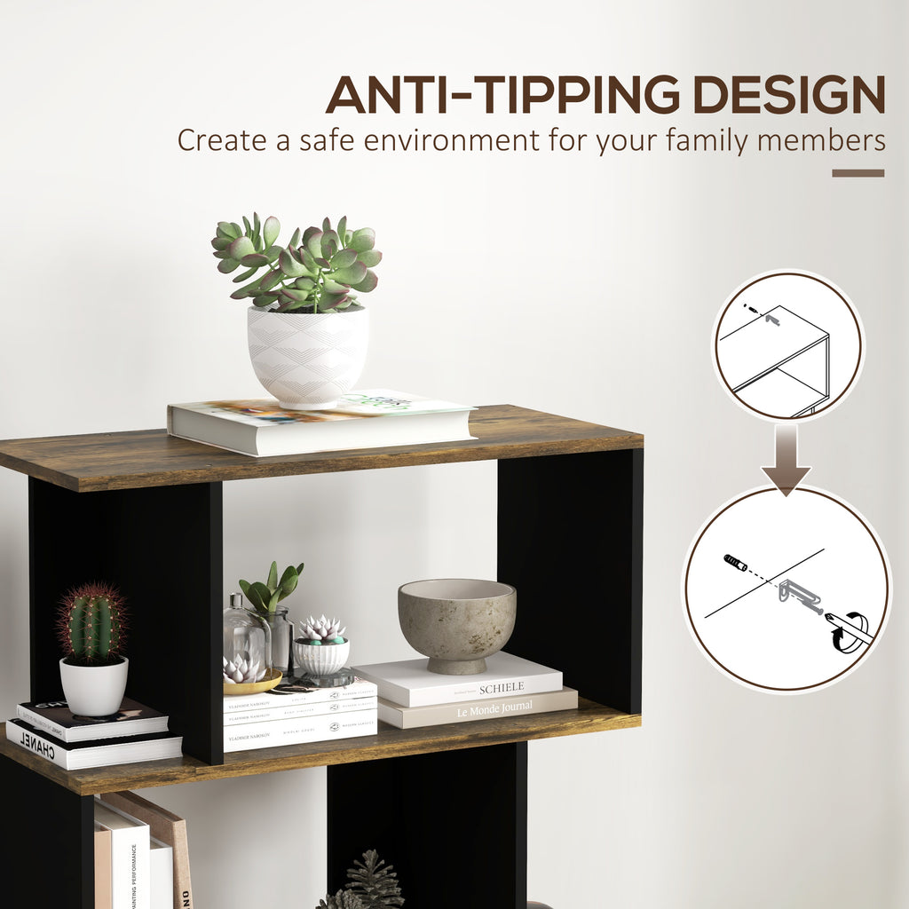 5-Tier Bookshelf, Geometric S Shaped Bookcase, Tall Narrow Display Shelf for for Living Room, Study Room, Rustic Brown