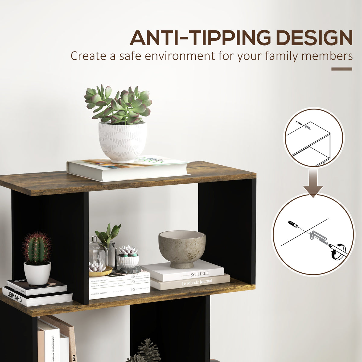 5-Tier Bookshelf, Geometric S Shaped Bookcase, Tall Narrow Display Shelf for for Living Room, Study Room, Rustic Brown