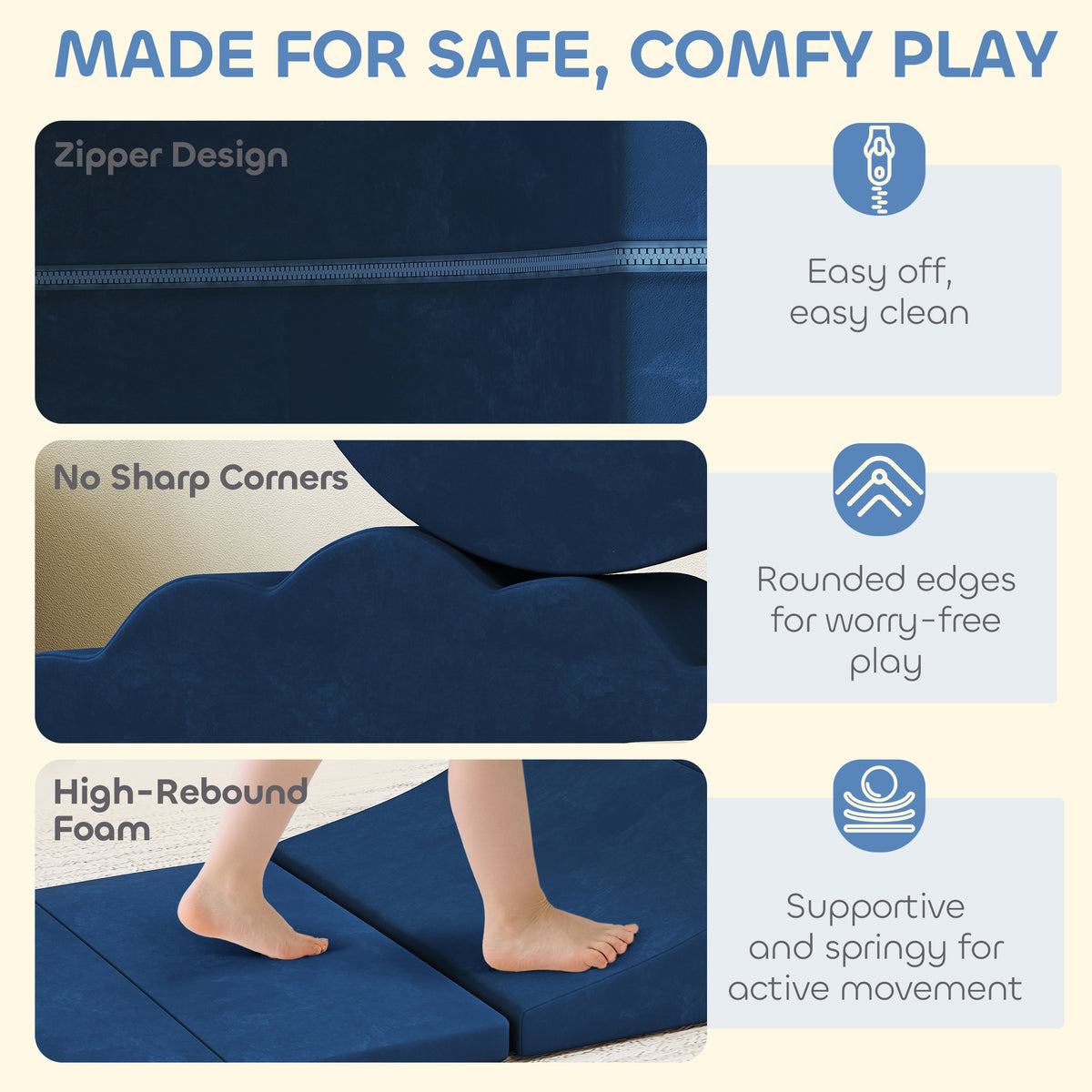 Qaba 7-Piece Baby Soft Play Set, Indoor Soft Play Gym Activity Play Set for Crawling, Sliding and Playing, Navy Blue