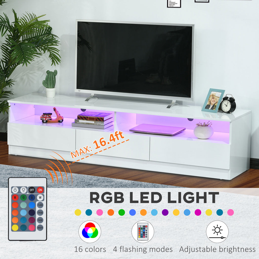 LED ብርሃን ዘለዎ ቲቪ ስታንድ ክሳብ 75" ቲቪ ዝድግፍ፣ ዘመናዊ ቲቪ ካቢኔት ምስ መደርደሪ መሳልብ ንእንዳ መዕበዪ፣ ልዑል ግላይ ጻዕዳ
