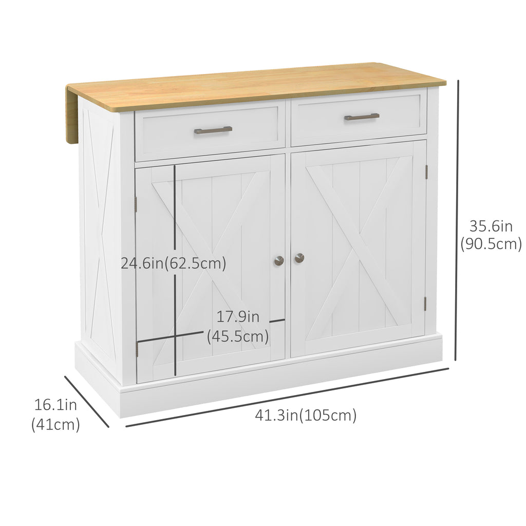 Rolling Kitchen Island with Drop Leaf Wood Breakfast Bar, Farmhouse Kitchen Cart with 2 Drawers, Adjustable Shelves for Dining Room, White