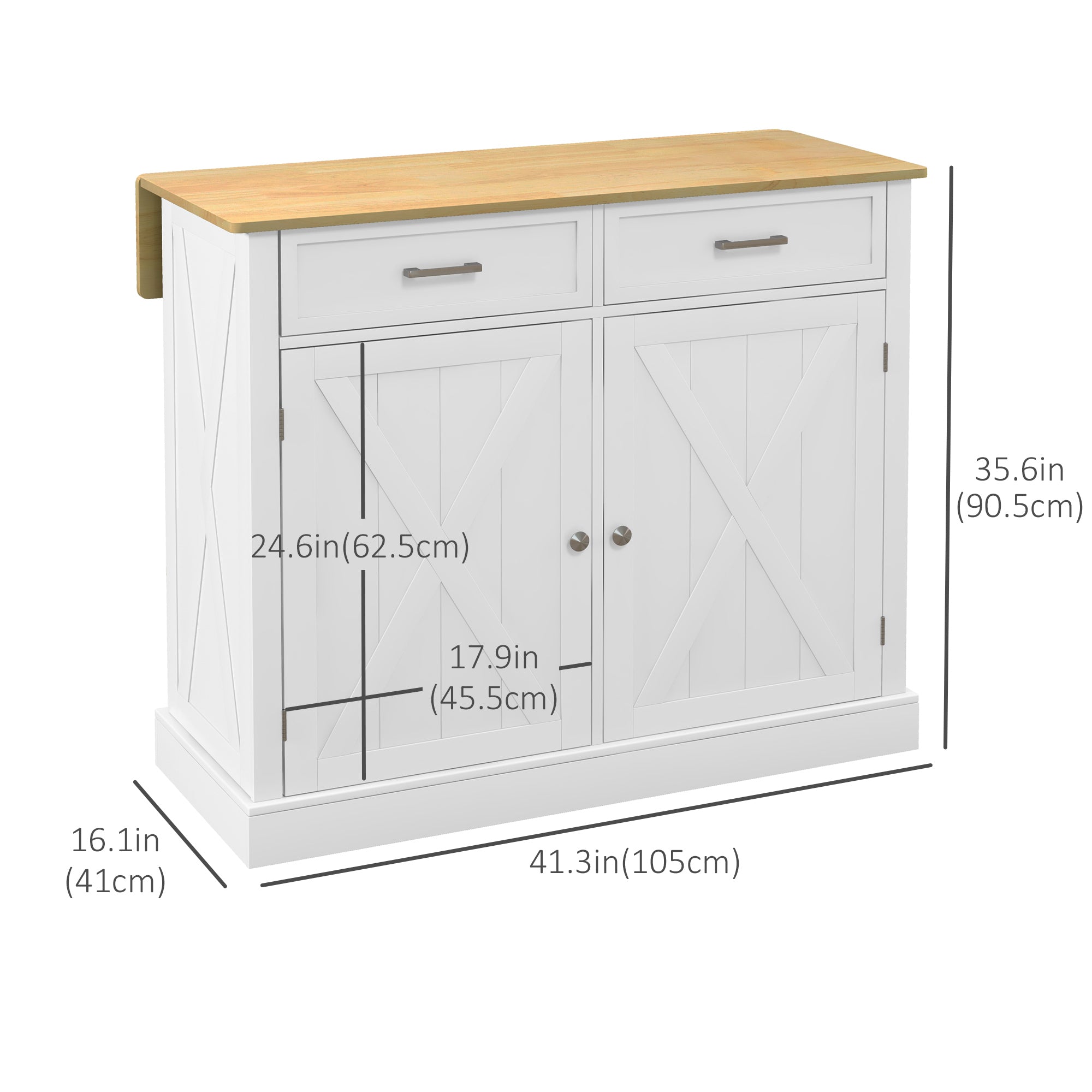 Rolling Kitchen Island with Drop Leaf Wood Breakfast Bar, Farmhouse Kitchen Cart with 2 Drawers, Adjustable Shelves for Dining Room, White