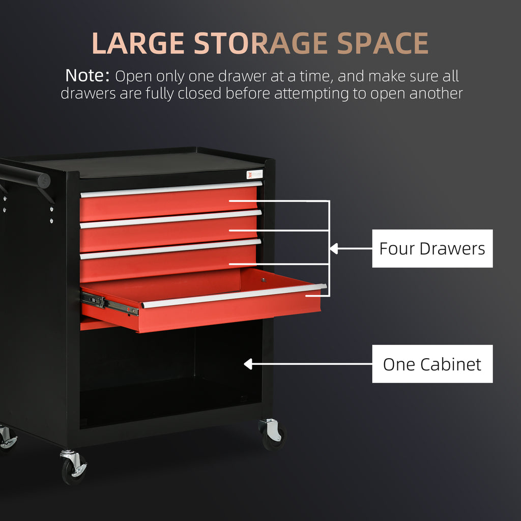4-Drawer Tool Chest with 4 Wheels, Rolling Tool Box and Storage Cabinet, Portable Tool Organizer for Garage, Red