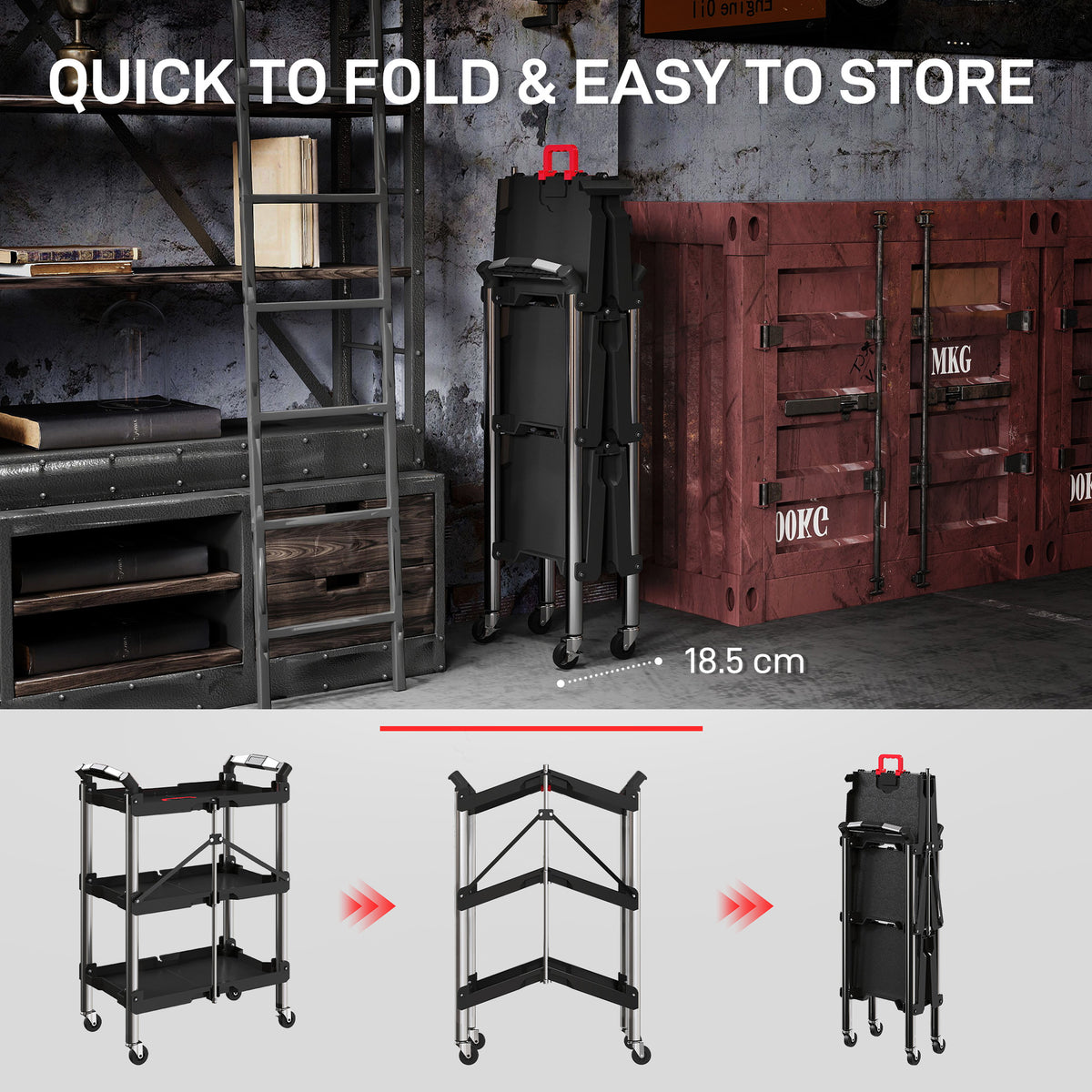3-Tier Collapsible Tool Cart with Wheels, 150 LBS Capacity Folding Utility Cart with Handles for Garage Workshop, Black