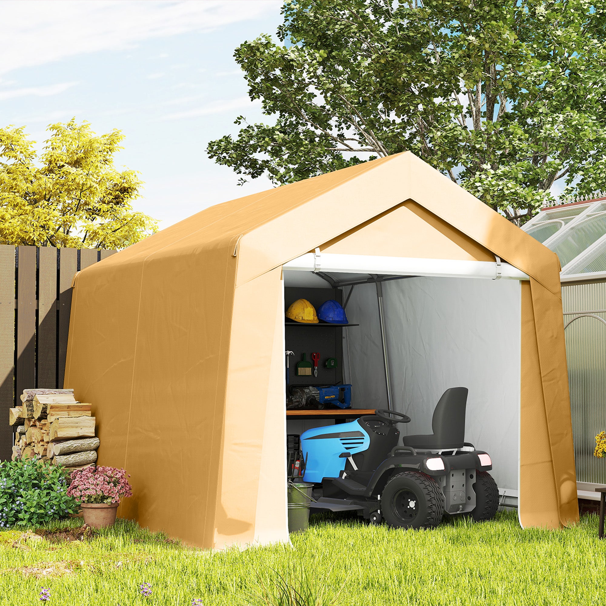 7' x 12' Outdoor Storage Shed Portable Garage with Roll-up Door for Motorcycle, Bike, Garden Tools, Beige