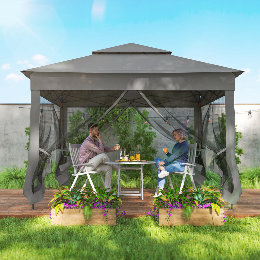 11' x 11' Pop Up Canopy 2-Tier Soft Top Shelter Event Tent w/ Netting Carry Bag for Patio Backyard Garden, Dark Grey