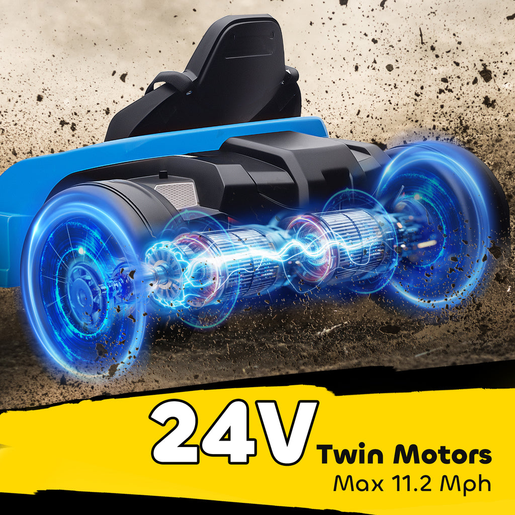 ቃባ 24V ኤሌክትሪክ ጎ ካርት ብክልተ 150W ሞተራት፣ ዝስተኻኸል ወንበርን 11.2MPH ላዕለዋይ ፍጥነትን፣ ምዱብ ምጅማር፣ 5 ነጥብ ዝርቡጥ መጋጫ፣ ሰማያዊ