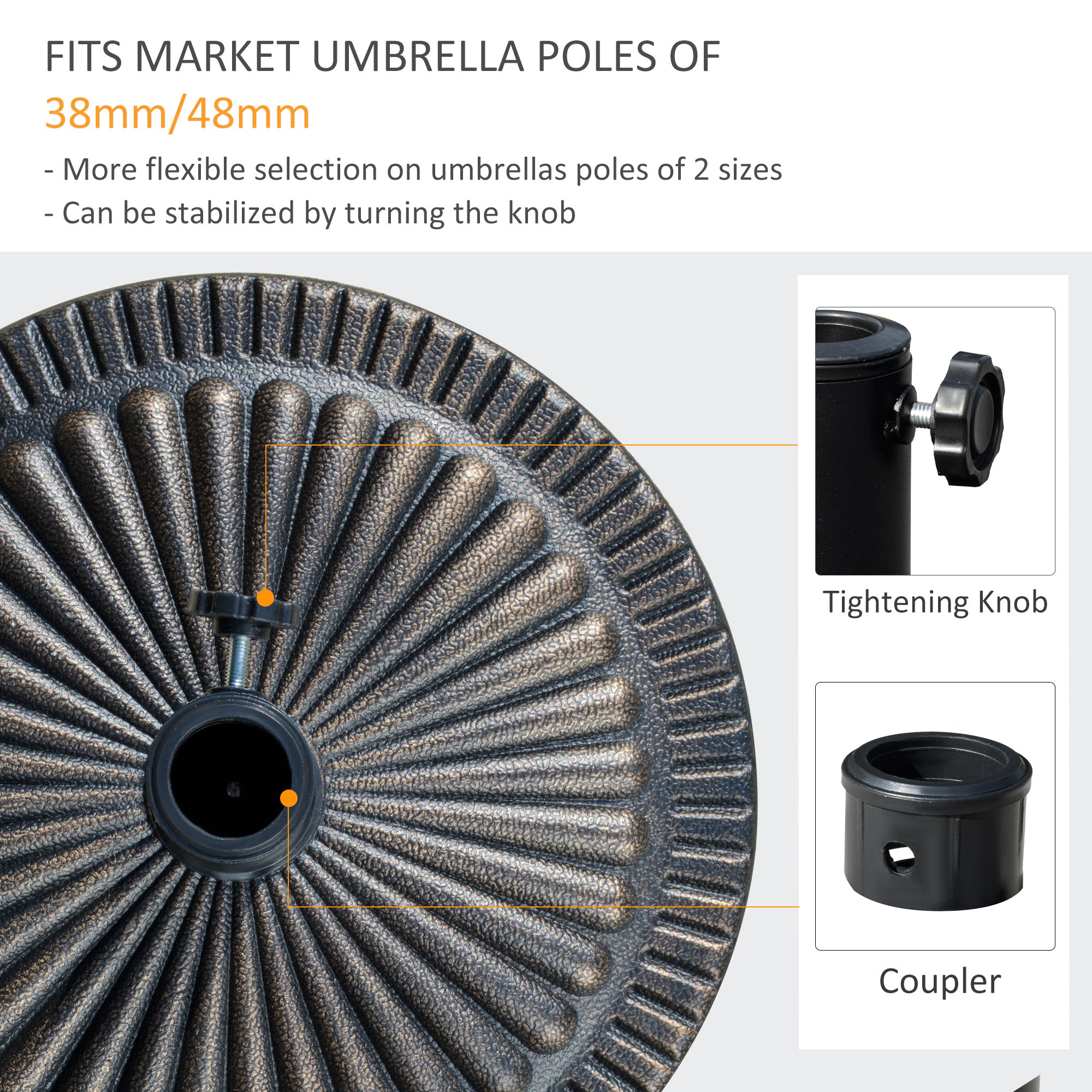 Round Umbrella Base Φ19.1", 31.5 lbs Resin Stand with Decorative Design for Poles 1.5"/1.9", Bronze