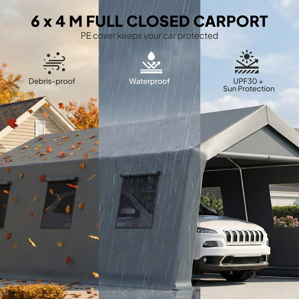 20 x 13 ጫማ መኪና መንከብ፣ ተንቀሳቓሲ ጋራዥ ብሮል-ኣፕ ማዕጾን መስኮታትን፣ PE ካኖፒ፣ ሓጺን ፍሬም፣ ጸሊም ግራጫ