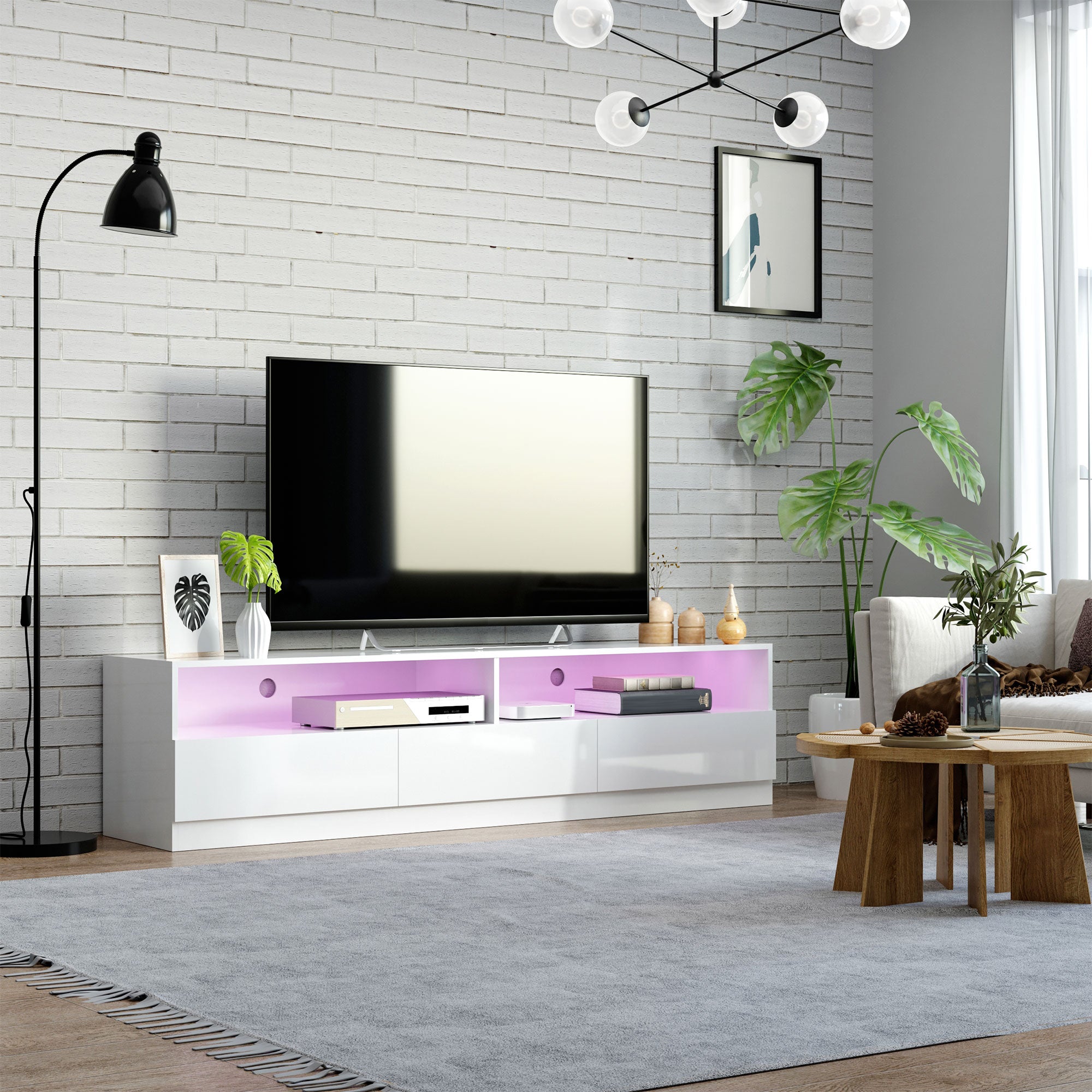 LED ብርሃን ዘለዎ ቲቪ ስታንድ ክሳብ 75" ቲቪ ዝድግፍ፣ ዘመናዊ ቲቪ ካቢኔት ምስ መደርደሪ መሳልብ ንእንዳ መዕበዪ፣ ልዑል ግላይ ጻዕዳ