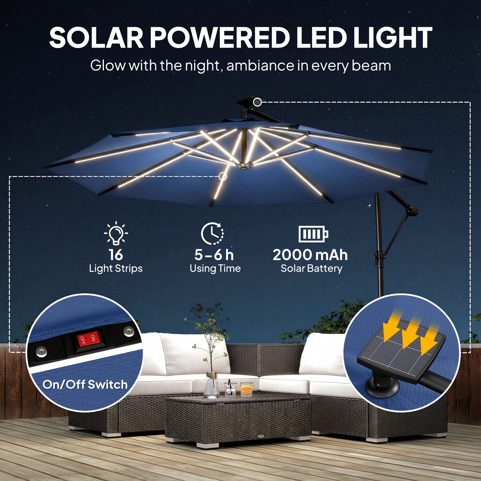 10 ft Offset Patio Umbrella with Solar Light, Garden Hanging Parasol with 360° Rotation, Tilt, Cover, Navy Blue