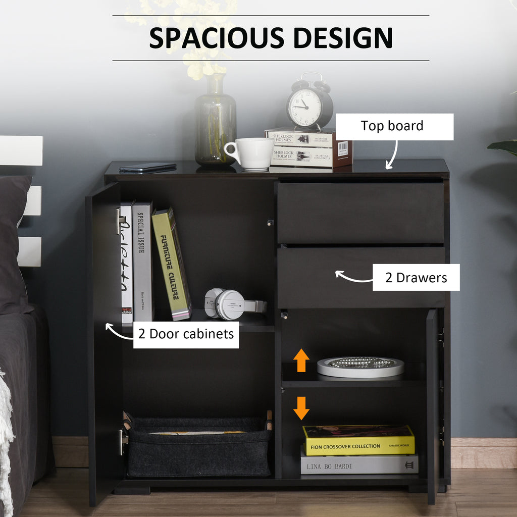 High Gloss Buffet Sideboard with 2 Drawers, 2 Doors and Adjustable Shelf, Kitchen Storage Cabinet with Push Open Design, White