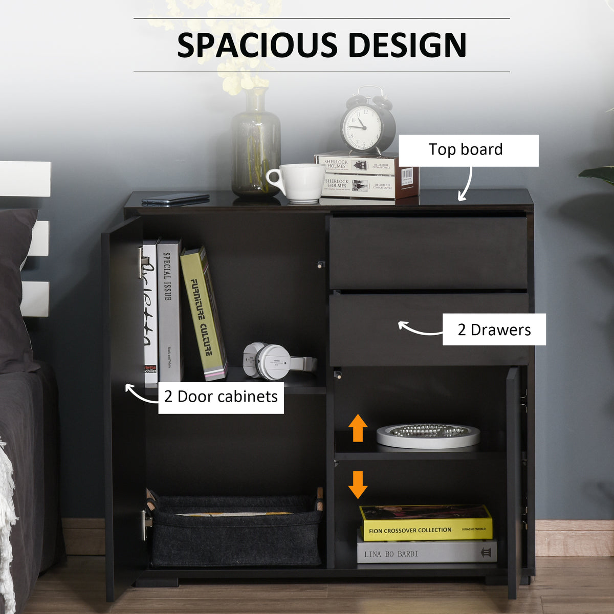 High Gloss Buffet Sideboard with 2 Drawers, 2 Doors and Adjustable Shelf, Kitchen Storage Cabinet with Push Open Design, White