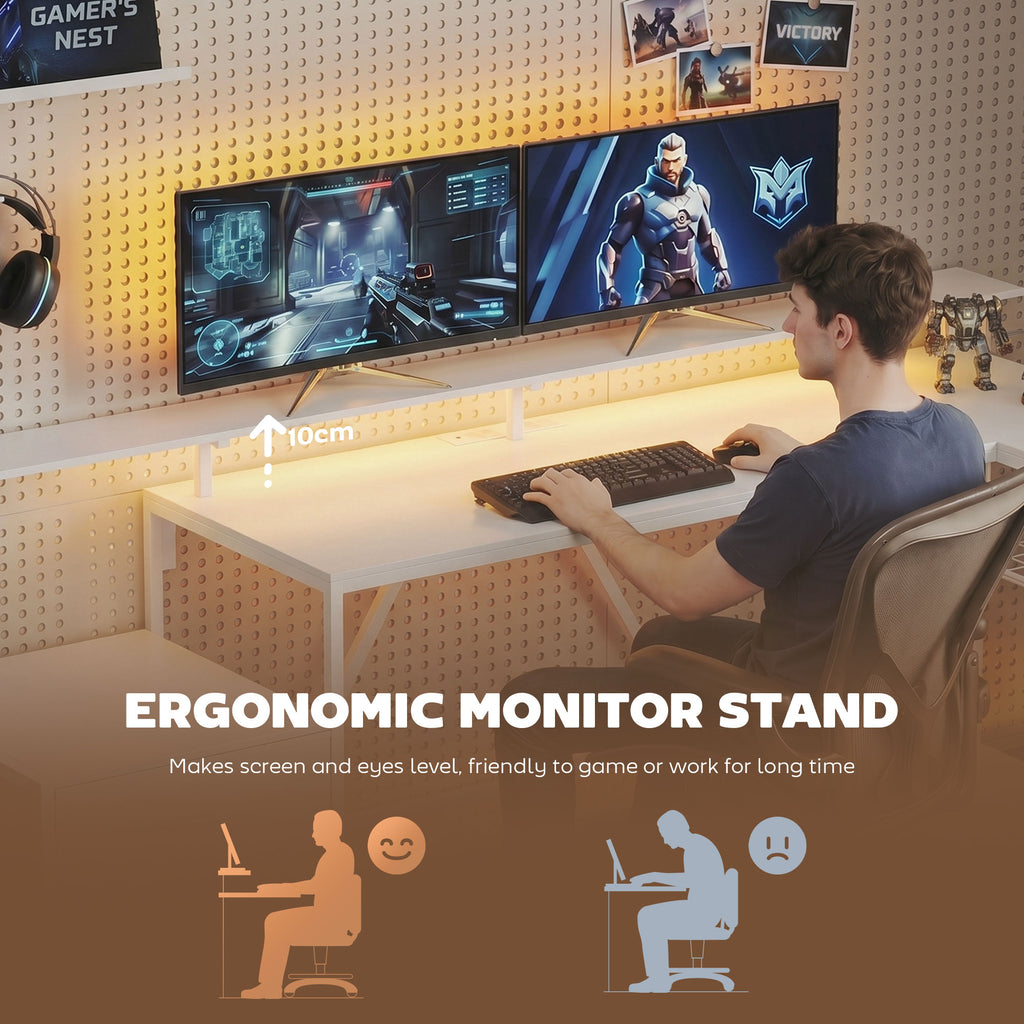 76" Gaming Desk, Reversible Computer Table with RGB Lights, USB Ports, Monitor Stand and 2 Fabric Drawers, White