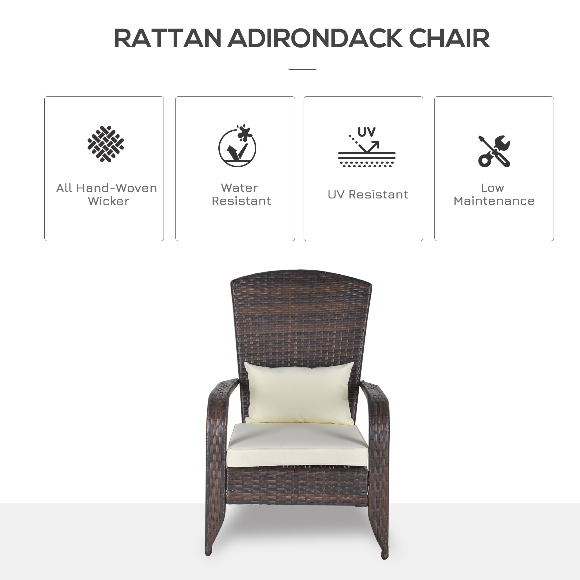 Patio Wicker Adirondack Chair, Outdoor PE Rattan Fire Pit Chair, Muskoka Chair w/ Soft Cushions, Tall Curved Backrest and Comfortable Armrests for Deck Garden, Cream White