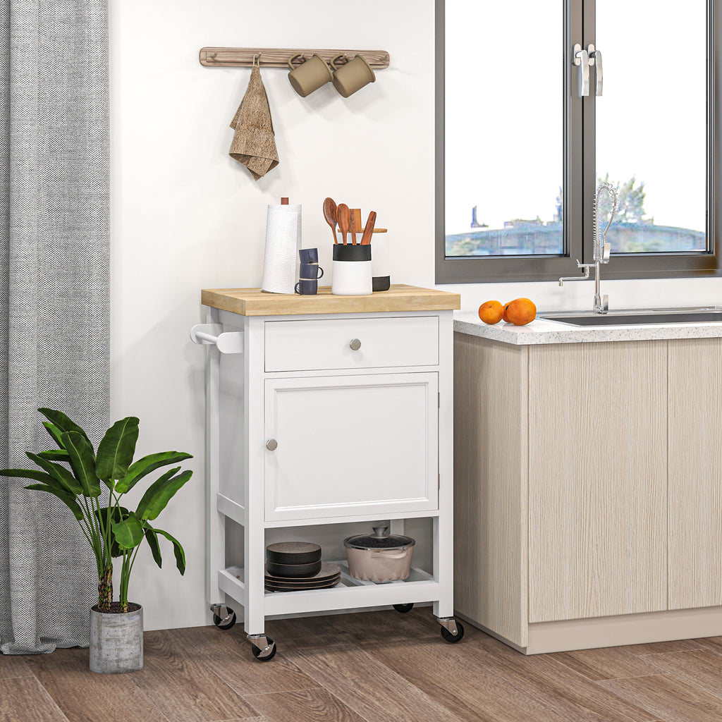 Kitchen Cart on Wheels, Rolling Kitchen Island Cart with Wood Top, Towel Rack, Drawer and Shelf for Dining Area, White