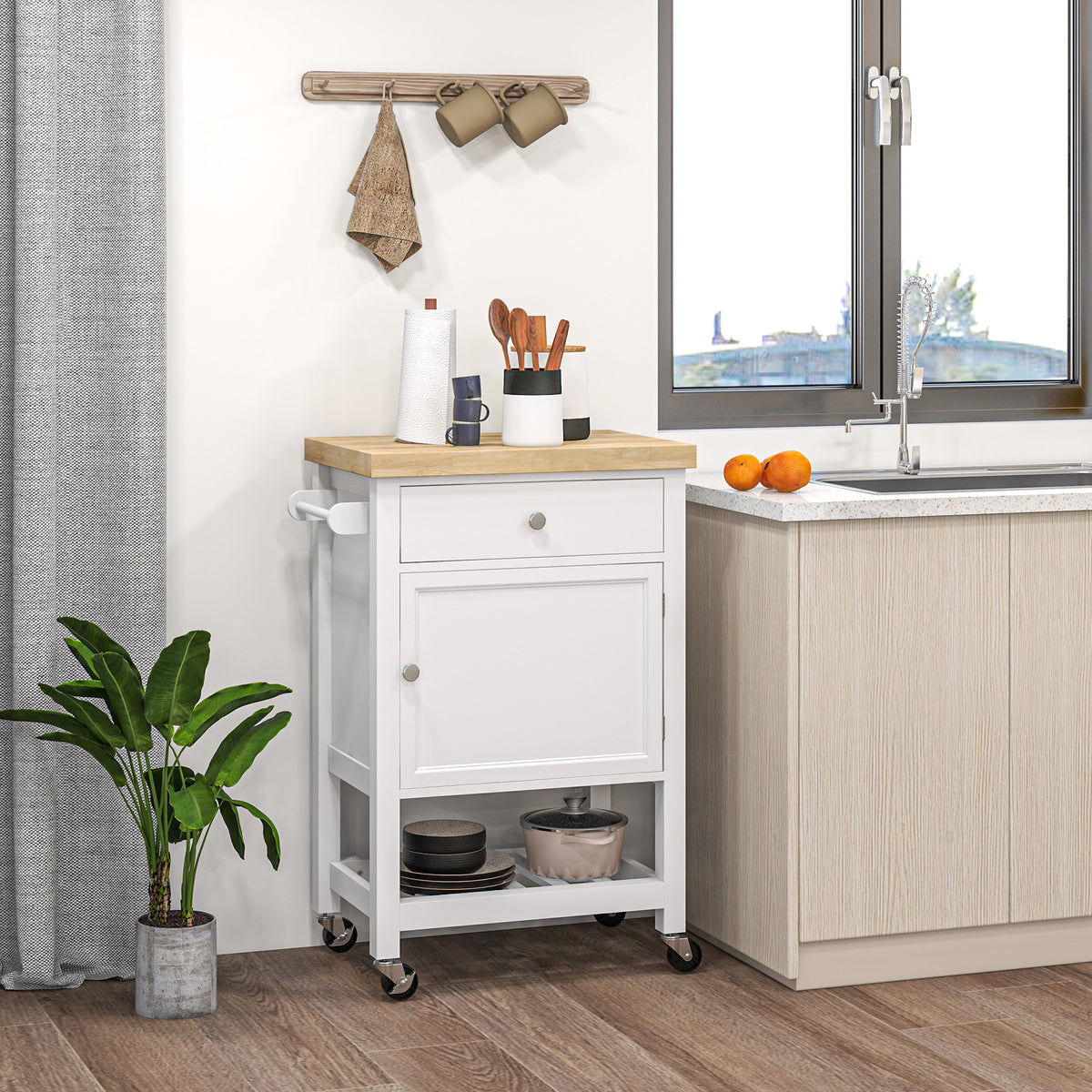 Kitchen Cart on Wheels, Rolling Kitchen Island Cart with Wood Top, Towel Rack, Drawer and Shelf for Dining Area, White
