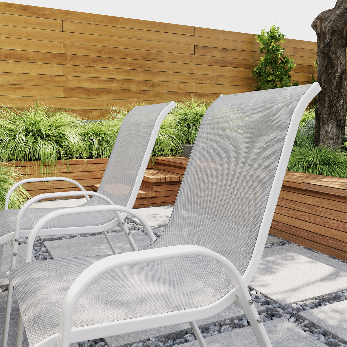 Set of 4 Outdoor Dining Chairs, Stackable Lawn Chairs with High Back, Breathable Mesh Seat for Garden Porch, Black