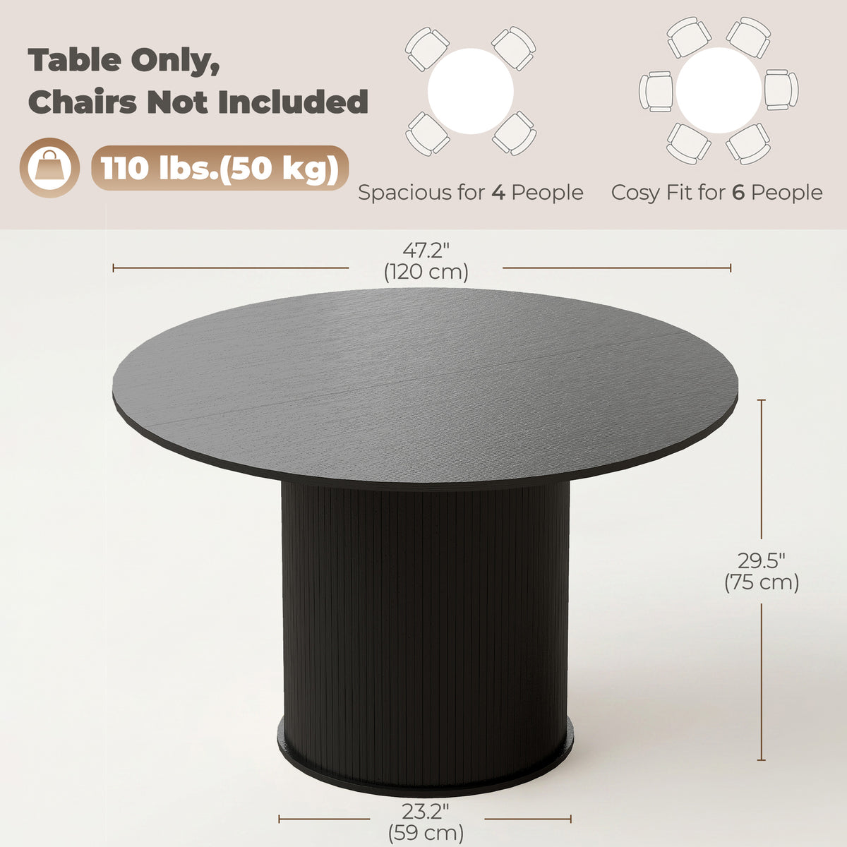 Round Dining Table for 4-6, 47 Inch Kitchen Table with Fluted Pedestal Base, for Kitchen Living Room Dining Room, Black
